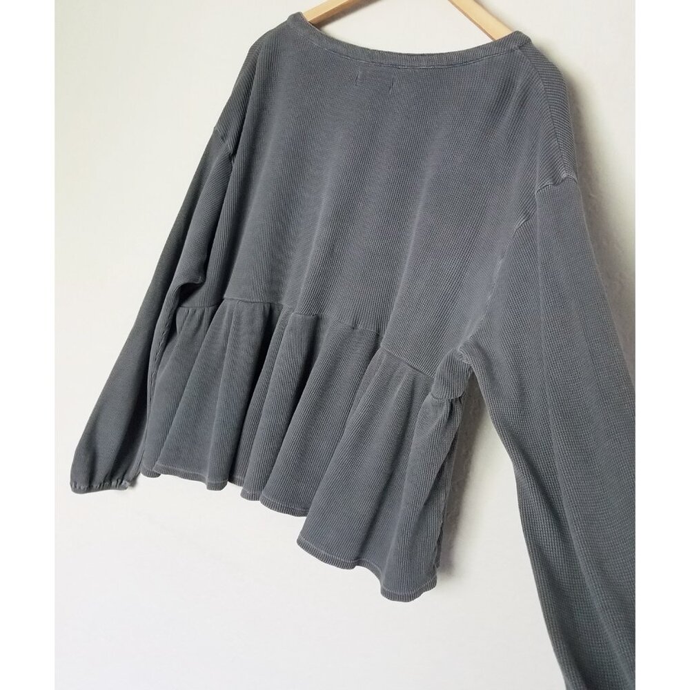 Lucky Brand Waffle Knit Peplum Top L Ebony Grey 100% Cotton Oversized Babydoll - Picture 12 of 16